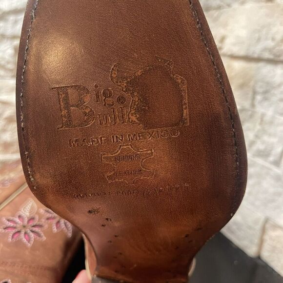 Womens Big Bull Brown Leather Floral Embroidered Cowboy Boot Made In Mex 24 US 7 - Picture 10 of 16